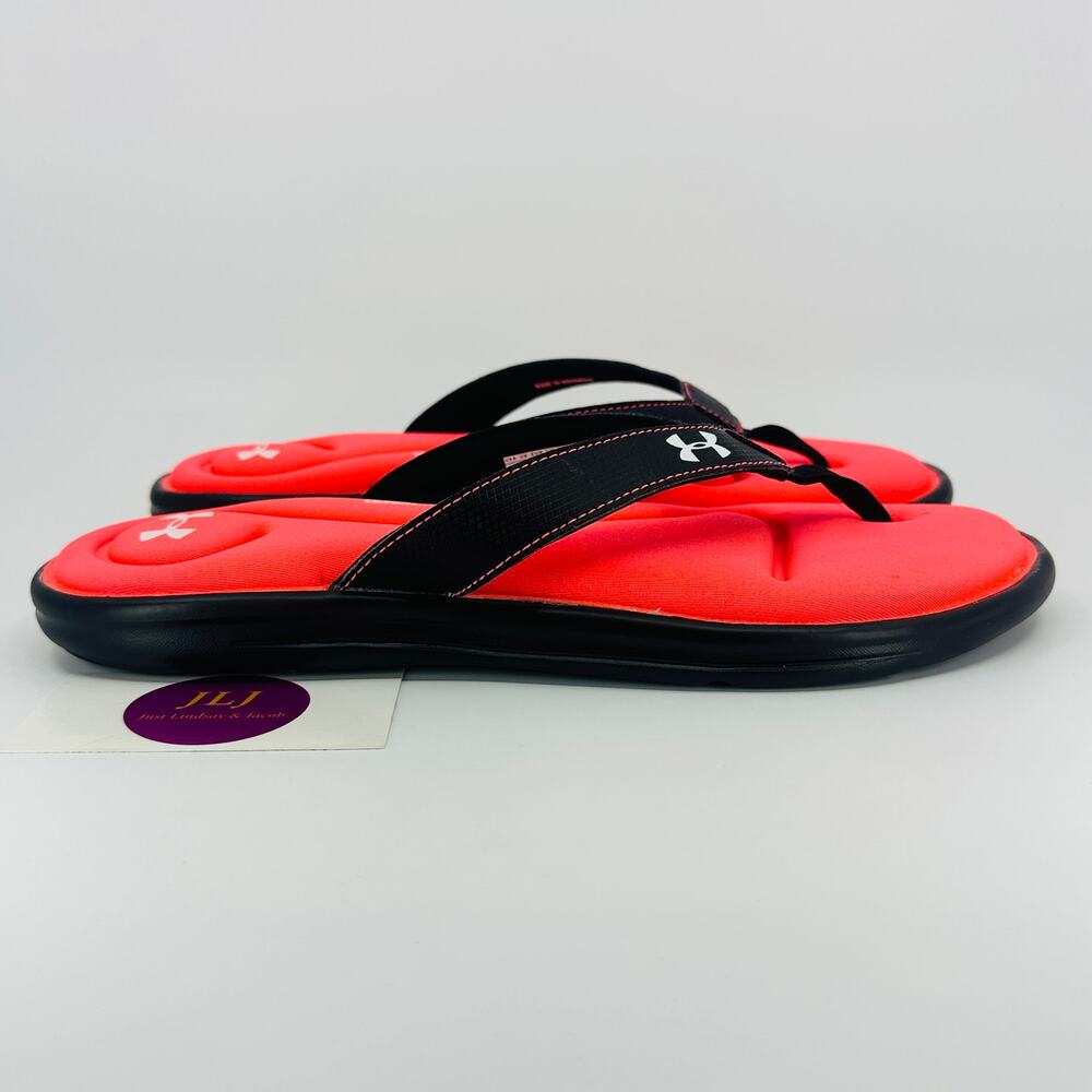 Under Armour Marbella Comfort Flip Flop Thong Sandals Black/Coral Size 12